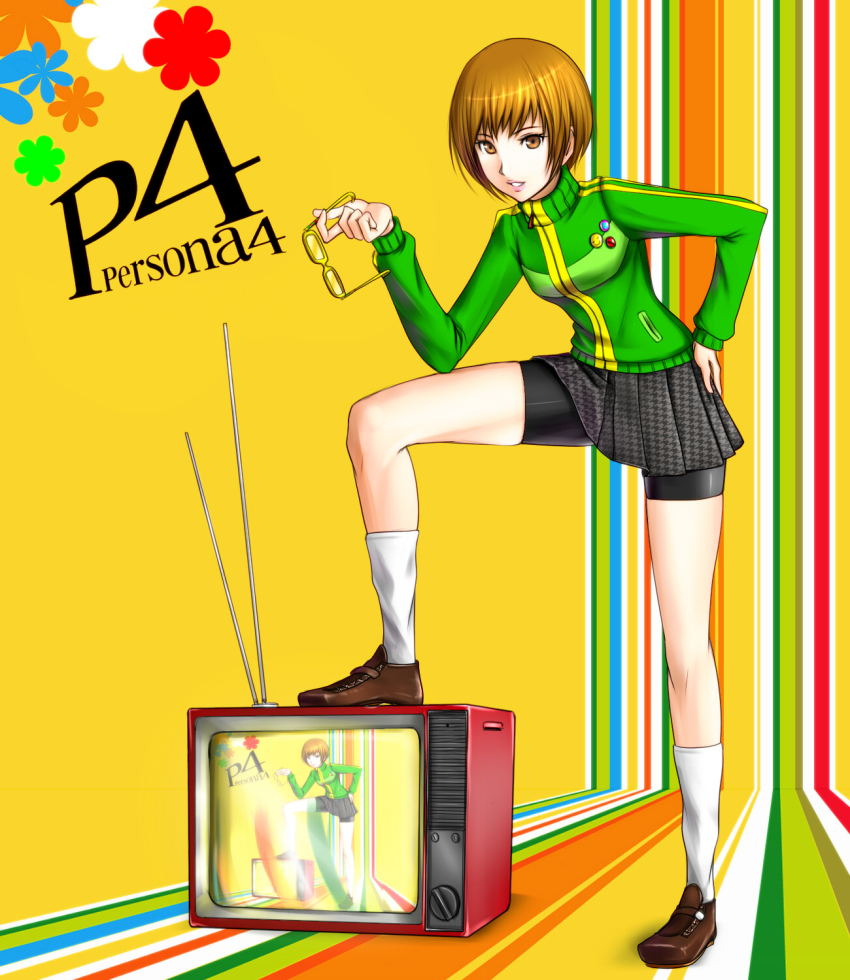 1girl, badge, bike_shorts, brown_eyes, brown_hair, female_focus, glasses, highres, holding, holding_removed_eyewear, jacket, kinakogm, megami_tensei, persona, persona_4, projected_inset, recursion, satonaka_chie, shin_megami_tensei, short_hair, skirt, smile, solo, striped, television, track_jacket, unworn_eyewear, yellow-framed_eyewear