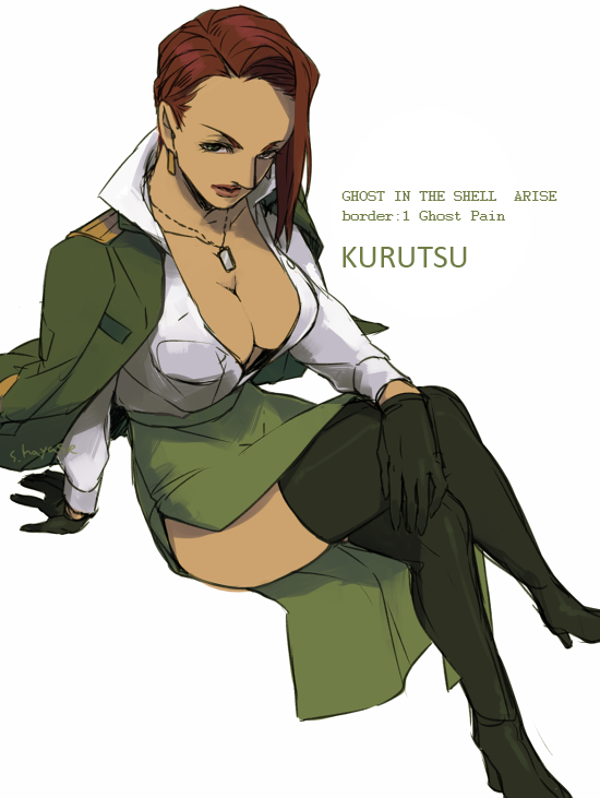 1girl, black_thighhighs, boots, breasts, character_name, character_request, cleavage, coat, copyright_name, crossed_legs, dog_tags, earrings, female_focus, ghost_in_the_shell, ghost_in_the_shell_arise, gloves, high_heel_boots, high_heels, jewelry, kurutsu_(ghost_in_the_shell_arise), large_breasts, long_shirt, looking_at_viewer, necklace, red_hair, shirt, side_slit, sitting, skirt, solo, suzuki_hayase, thigh_boots, thighhighs