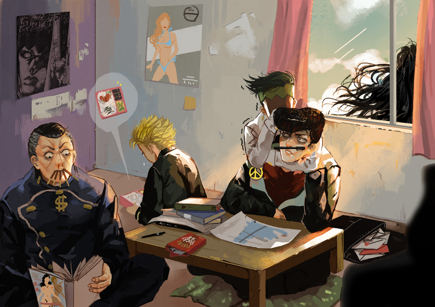 1girl, 4boys, aruolrn, black_hair, blonde_hair, desk, food, gakuran