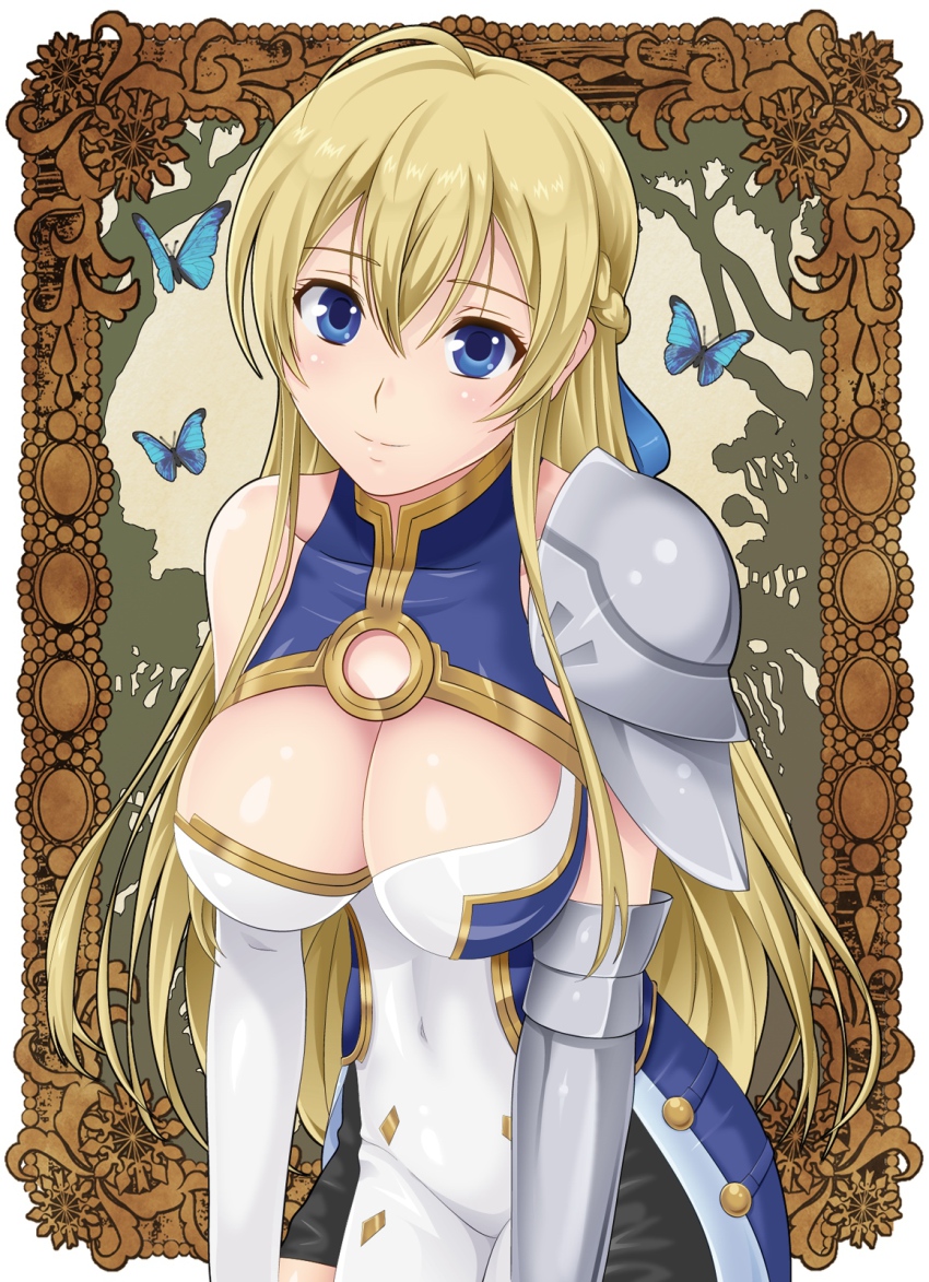 10s, 1girl, ahoge, armor, art_nouveau, blonde_hair, blue_eyes, braid, breasts, bug, butterfly, cleavage, cleavage_cutout, clothing_cutout, female_focus, half_updo, highres, insect, jeanne_kaguya_d'arc, large_breasts, long_hair, nanikairu, nobunaga_the_fool, smile, solo