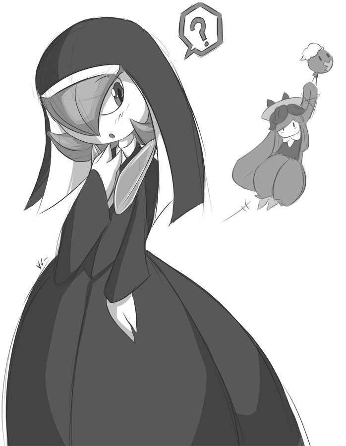 ?, alternate_costume, alternate_form, balloon, cosplay, crossover, dress, drifloon, gardevoir, gen_3_pokemon, gen_4_pokemon, gen_5_pokemon, habit, hat, lilligant, long_sleeves, madeline, madeline_(character), madeline_(character)_(cosplay), mega_gardevoir, mega_pokemon, miss_clavel, miss_clavel_(cosplay), monochrome, monster_girl, nintendo, no_humans, nun, plant_girl, pokemon, pokemon_(creature), speech_bubble, spoken_question_mark, verdantviper