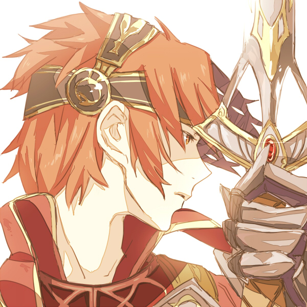 1boy, advent-lezard, brown_eyes, brown_hair, expressionless, gloves, infinite_undiscovery, male_focus, sigmund_(infinite_undiscovery), solo, sword, weapon, white_background