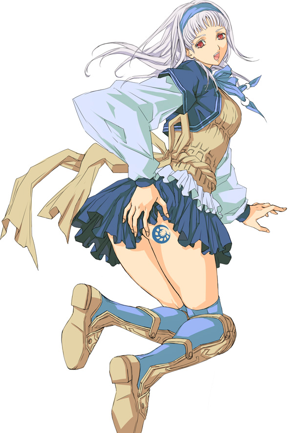 1girl, adapted_costume, albino, ass, ass_tattoo, bad_id, bad_pixiv_id, blue_boots, boots, corset, cropped_jacket, female_focus, full_body, gensou_suikoden, gensou_suikoden_ii, hairband, knee_boots, looking_at_viewer, looking_back, miniskirt, poripuropiren, red_eyes, short_hair, sierra_mikain, simple_background, skirt, smile, solo, tattoo, true_rune, white_background, white_hair