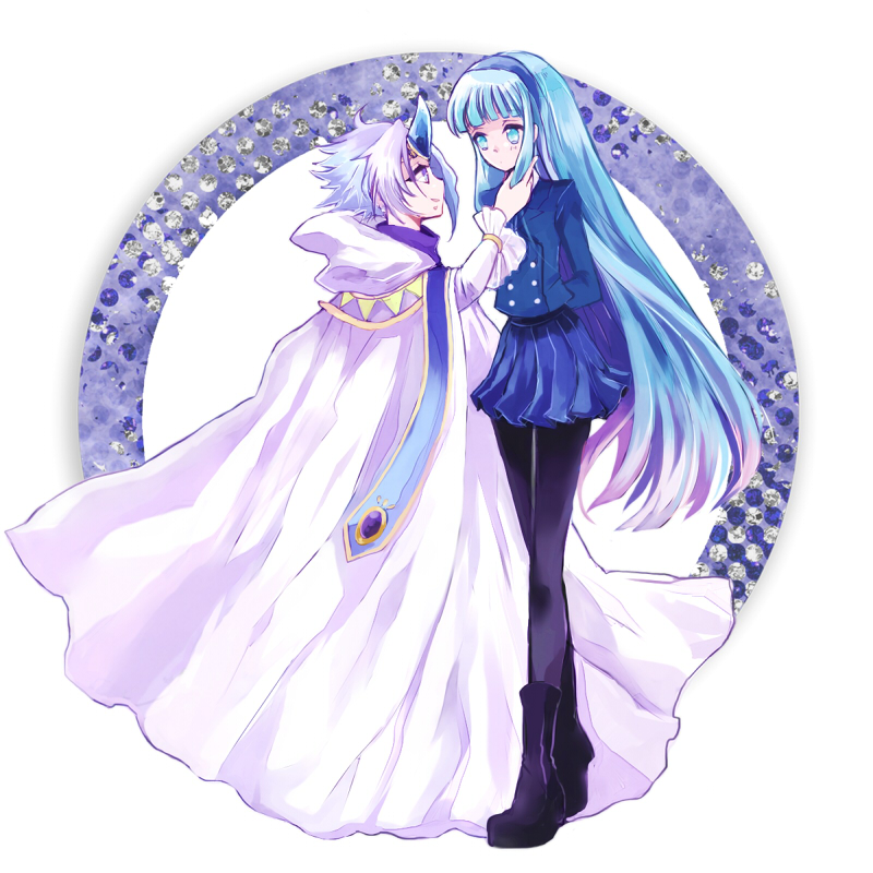 1990s_(style), 1boy, 1girl, arms_behind_back, bad_id, bad_pixiv_id, bishounen, black_pantyhose, blazer, blue_eyes, blue_hair, blue_hairband, blue_skirt, cape, clef, clef_(rayearth), full_body, gem, grey_hair, hairband, jacket, long_hair, magic_knight_rayearth, pantyhose, retro_artstyle, robe, ryuuzaki_umi, school_uniform, shoes, shuu_(shu-nm), skirt, standing, very_long_hair
