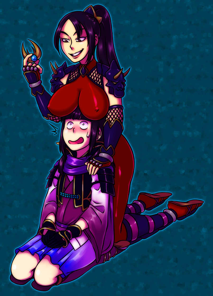 1boy, 1girl, androgynous, breasts, covered_erect_nipples, highres, hip_focus, kneeling, knees, legs, lips, mori_ranmaru_(sengoku_musou), namco, nipples, nyxon, open_mouth, red_legwear, sengoku_musou, shoes, skirt, smile, soul_calibur, taki_(soulcalibur), teeth, tongue