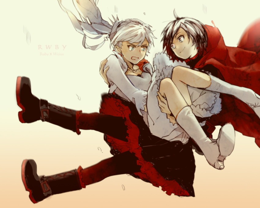 2girls, black_dress, black_hair, boots, cape, carrying, catching, character_name, copyright_name, dress, earrings, jewelry, long_hair, multiple_girls, pantyhose, petticoat, ponytail, princess_carry, ruby_rose, rwby, short_hair, smile, source_request, tears, wavy_mouth, weiss_schnee, white_dress, white_hair, yuri, yway1101