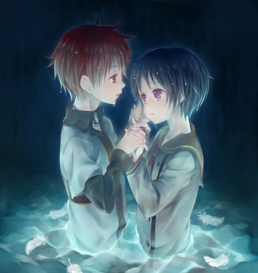 2boys, black_hair, brown_eyes, brown_hair, child, feathers, highres, ikaru_(kannagi_no_tori)