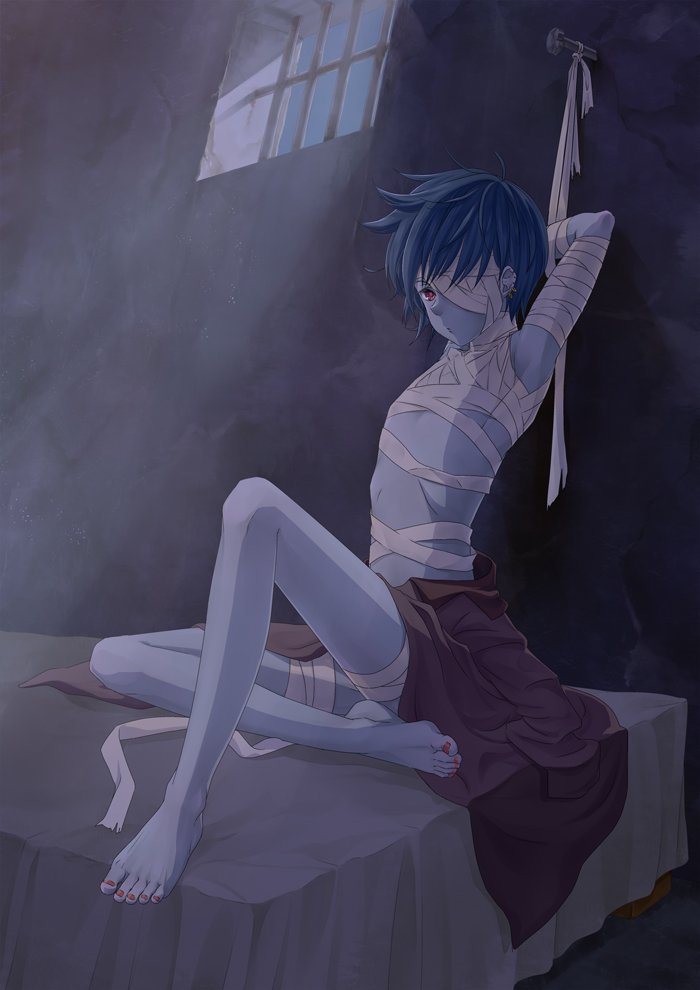 1boy, barefoot, bdsm, bed, bemani, blue_hair, feet, full_body