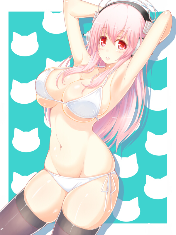 1girl, armpits, arms_up, bikini, black_thighhighs, blush, breasts, cleavage