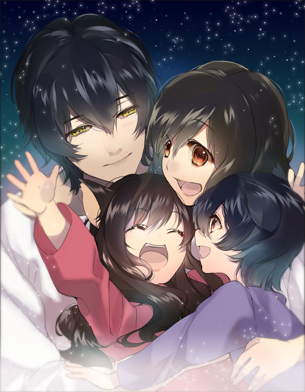 2boys, 2girls, ame_(ookami_kodomo), animal_ears, artist_request, black_hair, blue_eyes, brown_hair