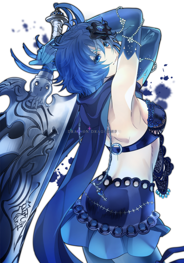 1girl, bad_id, bad_pixiv_id, bare_shoulders, bikini, bikini_top_only, blue_hair, breasts, cleavage, drag-on_dragoon, drag-on_dragoon_3, female_focus, flower, hair_flower, hair_ornament, huge_weapon, scarf, setsu_(st0112), short_hair, small_breasts, solo, swimsuit, sword, two_(drag-on_dragoon), weapon