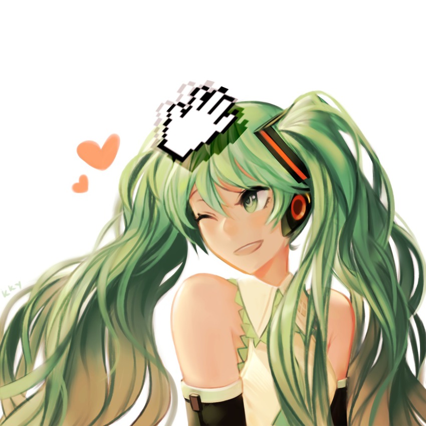 1girl, cursor, detached_sleeves, disembodied_hand, earphones, female_focus, green_eyes, green_hair
