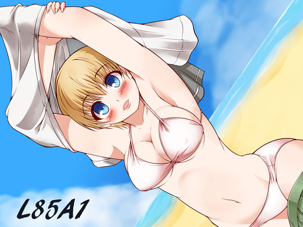 1girl, armpits, arms_up, beach, bikini, blonde_hair, blue_eyes, day, female_focus, kouyama_ritsu, l85a1_(upotte!!), school_uniform, short_hair, solo, swimsuit, undressing, upotte!!, white_bikini