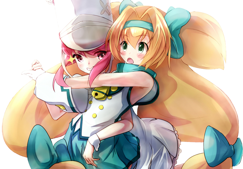 10s, 2girls, :o, bell, blazblue, blonde_hair, bow, chippucream