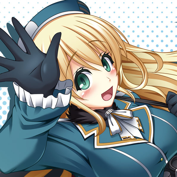 10s, 1girl, :d, atago_(kancolle), beret, black_gloves, blonde_hair, blush