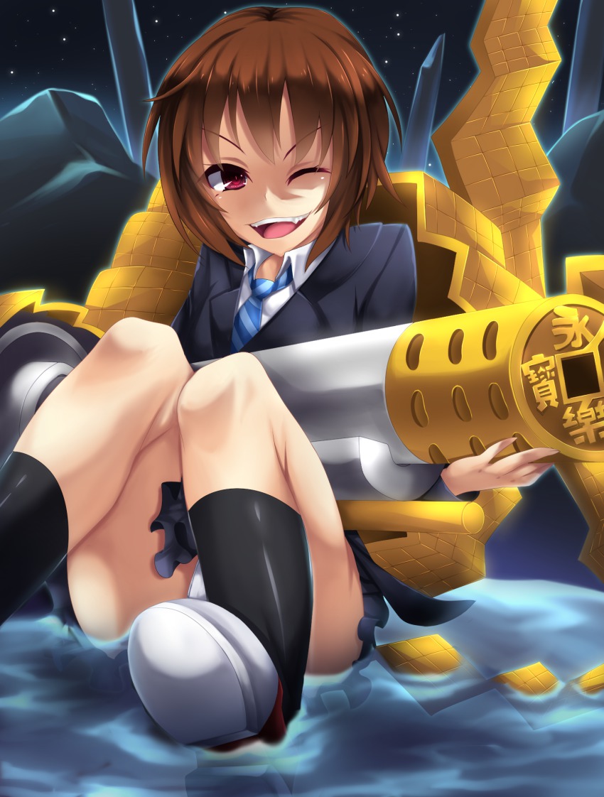 1girl, arm_cannon, brown_hair, female_focus, fi-san, gun, highres, necktie