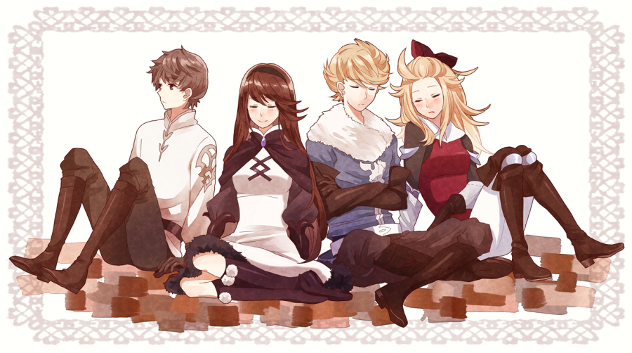 2boys, 2girls, agnes_oblige, bad_id, bad_pixiv_id, black_hair, blonde_hair, bravely_default:_flying_fairy