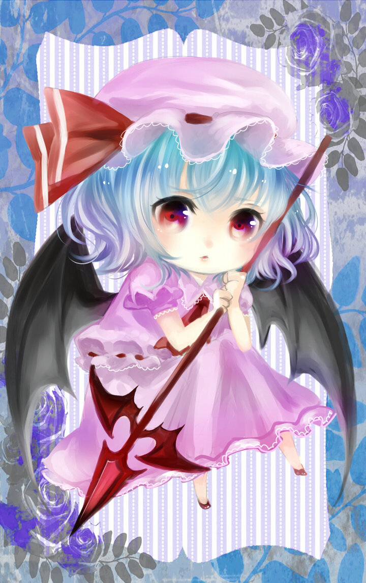 1girl, bad_id, bad_pixiv_id, bat_wings, blue_flower, blue_hair, blue_rose, chibi
