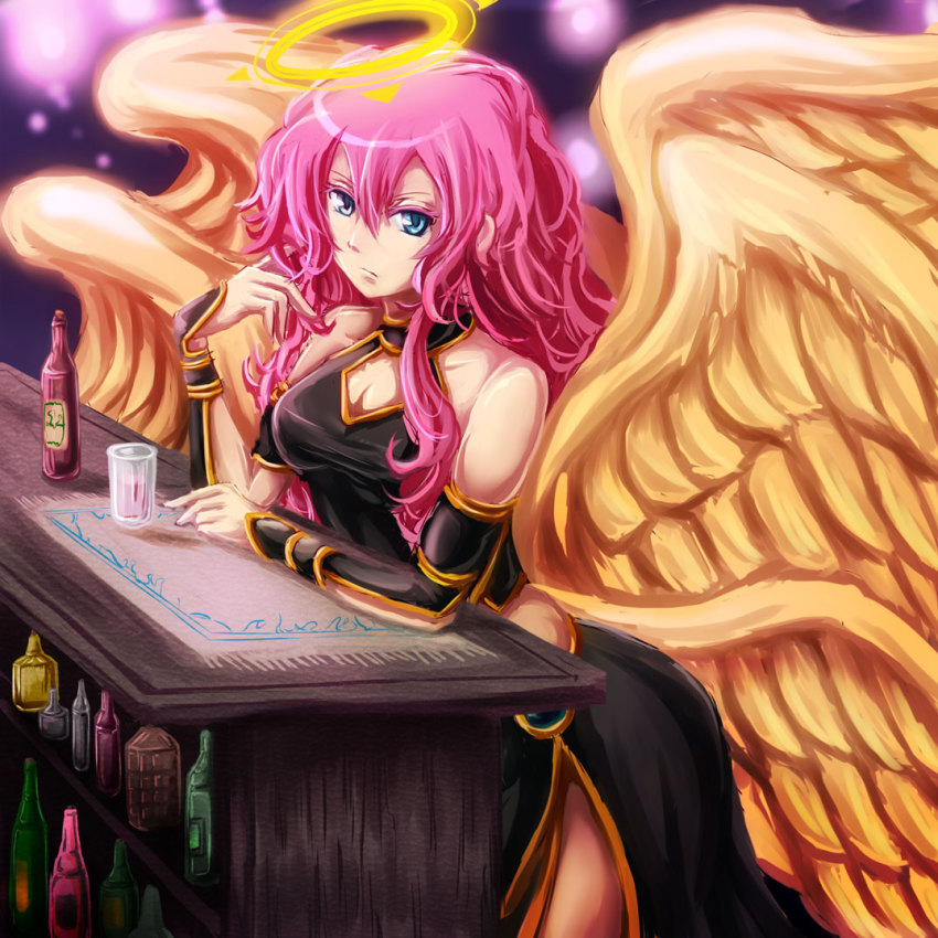 1girl, alcohol, angel, angel_wings, archangel_metatron_(p&amp;d), blue_eyes, cleavage_cutout, clothing_cutout