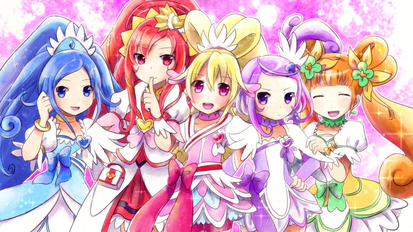 5girls, aida_mana, arm_warmers, bad_id, bad_pixiv_id, blonde_hair, blue_bow, blue_eyes