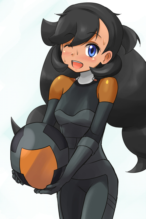 10s, 1girl, alternate_color, black_gloves, black_hair, blue_eyes, bodysuit, breasts, curly_hair, emma_(pokemon), essentia_(pokemon), female_focus, formal_clothes, gloves, happy, helmet, hip_focus, legs, long_hair, looking_at_viewer, ni-jo, nintendo, one_eye_closed, open_mouth, pokemon, pokemon_x_and_y, ponytail, small_breasts, smile, solo, suit, sweat, sweatdrop, teeth, tongue, twintails, wink