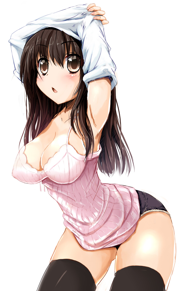 1girl, :o, ajikan_(azican), arms_up, black_thighhighs, breasts, brown_eyes, brown_hair, chestnut_mouth, cleavage, denim, denim_shorts, female_focus, highres, large_breasts, long_hair, looking_at_viewer, original, parted_lips, short_shorts, shorts, simple_background, solo, thighhighs, thighs, white_background