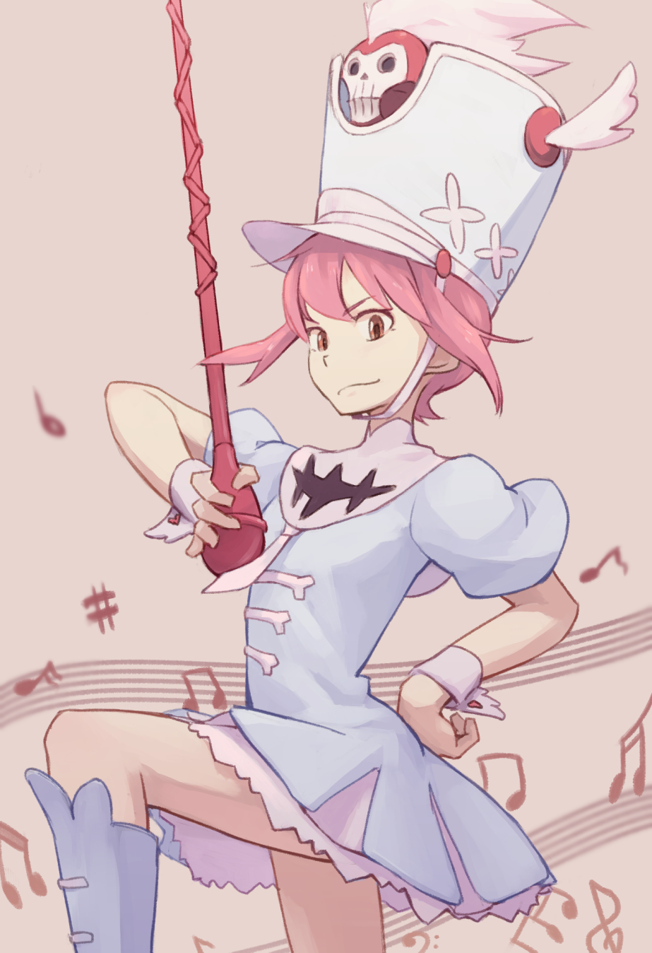 10s, 1girl, baton, conductor_baton, dress, female_focus, hat, highres