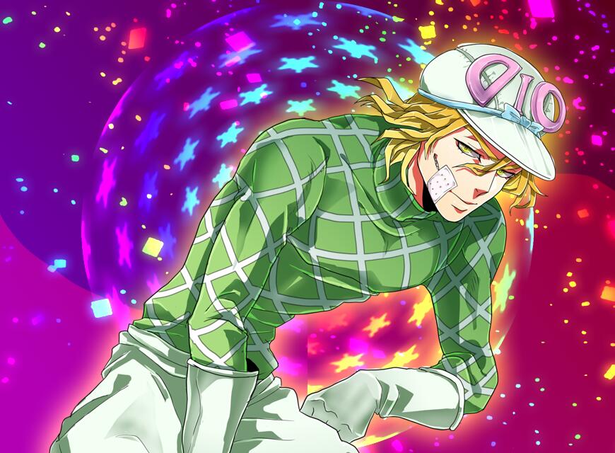 1boy, bad_id, bad_twitter_id, bandages, bandage_on_face, blonde_hair, diego_brando, fangs