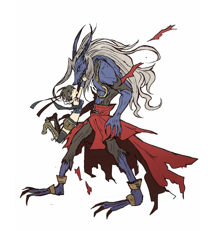 1990s_(style), 1girl, black_legwear, brown_hair, colored_skin, final_fantasy, final_fantasy_vii, grey_hair