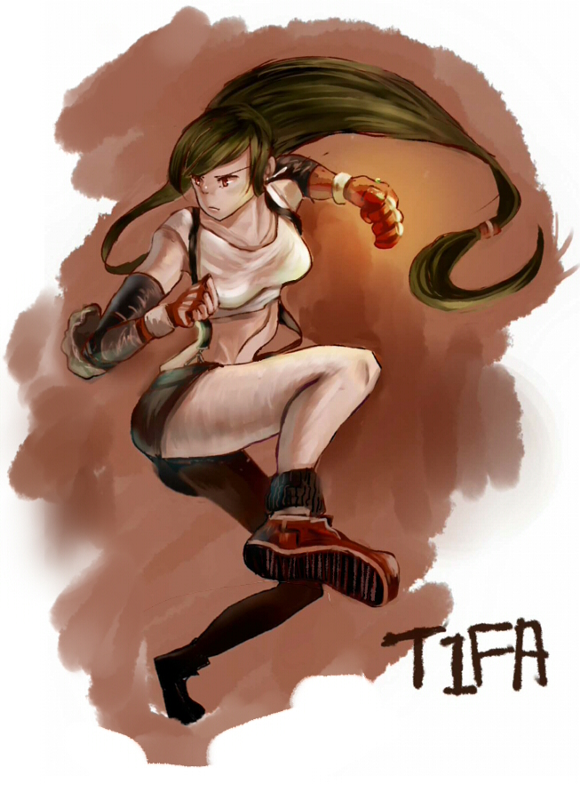 1990s_(style), 1girl, black_hair, character_name, clenched_hand, female_focus, final_fantasy, final_fantasy_vii