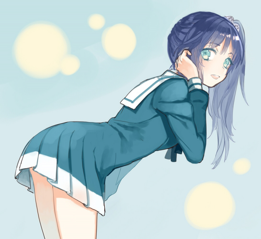 10s, 1girl, :d, bad_id, bad_pixiv_id, blue_eyes, blue_hair, blush