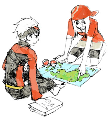 00s, 1boy, 1girl, bandana, book, brendan_(pokemon), headband, hoenn_(jgm1102), hoenn_map, lowres, map, may_(pokemon), nintendo, oekaki, poke_ball, pokemon, pokemon_ruby/sapphire/emerald, simple_background, sitting, white_background, white_hair