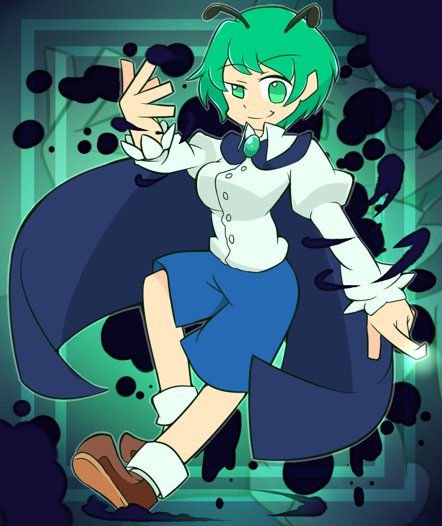 1girl, antennae, bad_id, bad_pixiv_id, cape, female_focus, green_eyes, green_hair