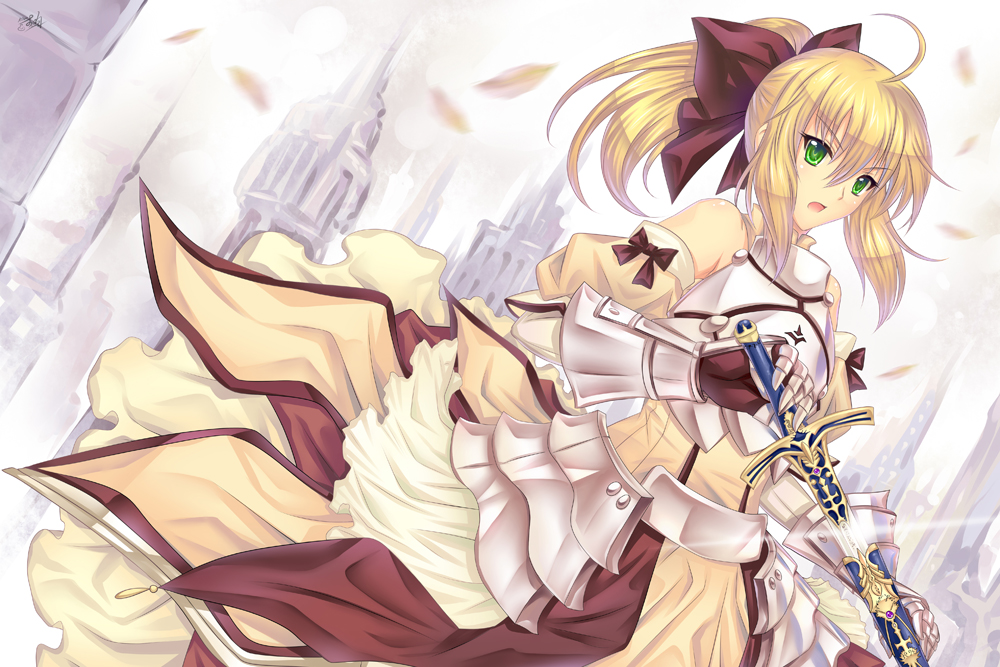 1girl, ahoge, armor, armored_dress, artoria_pendragon_(fate), bare_shoulders, blonde_hair, bow, caliburn_(fate), detached_sleeves, drawing_sword, dress, fate/unlimited_codes, fate_(series), female_focus, gauntlets, glint, green_eyes, hair_bow, holding, holding_sword, holding_weapon, long_hair, ponytail, riyun_(halodark), saber_(fate), saber_lily, sheath, solo, sword, unsheathing, weapon