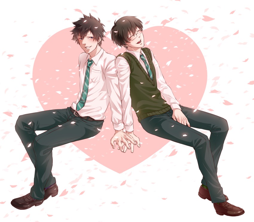 10s, 2boys, bad_id, bad_pixiv_id, black_hair, blush, cherry_blossoms, ginoza_nobuchika
