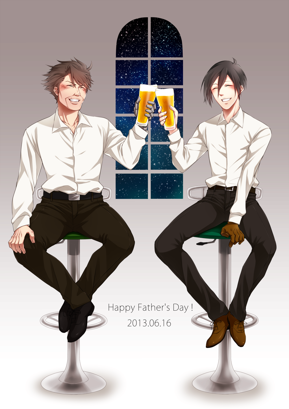 10s, 2boys, bad_id, bad_pixiv_id, bar_stool, beer_mug, black_hair, brown_hair