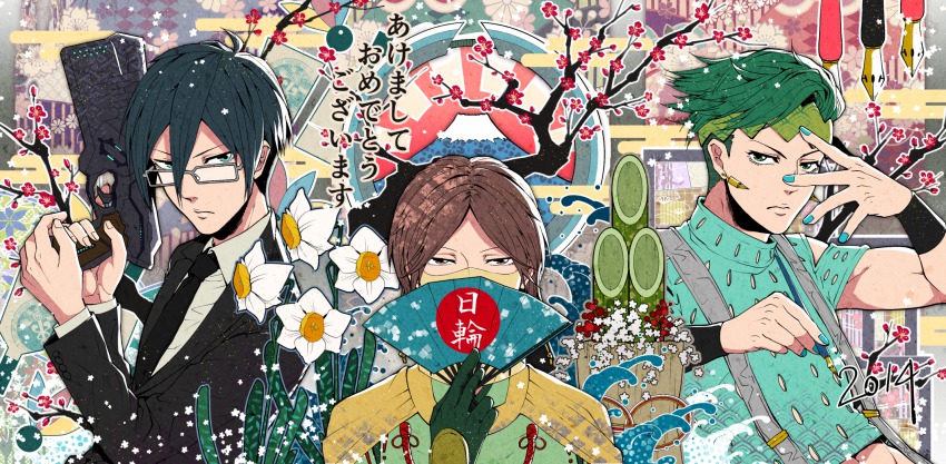 10s, 3boys, bad_id, bad_pixiv_id, black_hair, brown_hair, crossover, dominator_(gun)