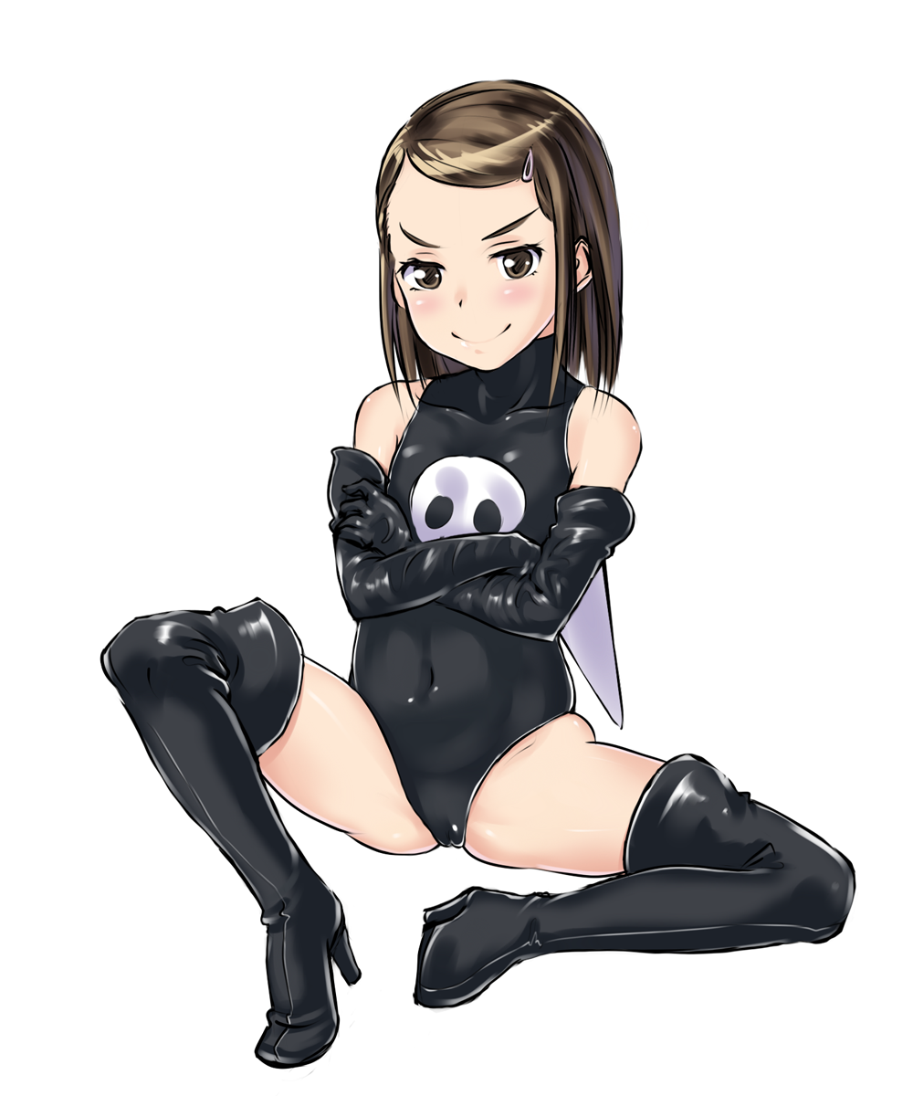 1girl, blush, boots, brown_eyes, brown_hair, child, crossed_arms, elbow_gloves, female_focus, flat_chest, gloves, hair_ornament, hairclip, high_heel_boots, high_heels, highres, isezaki_eri, leather, leather_boots, leather_gloves, leotard, navel, shirota_mizuki, sitting, skindentation, skull, sleeveless, solo, soredemo_machi_wa_mawatteiru, thigh_boots, thighhighs