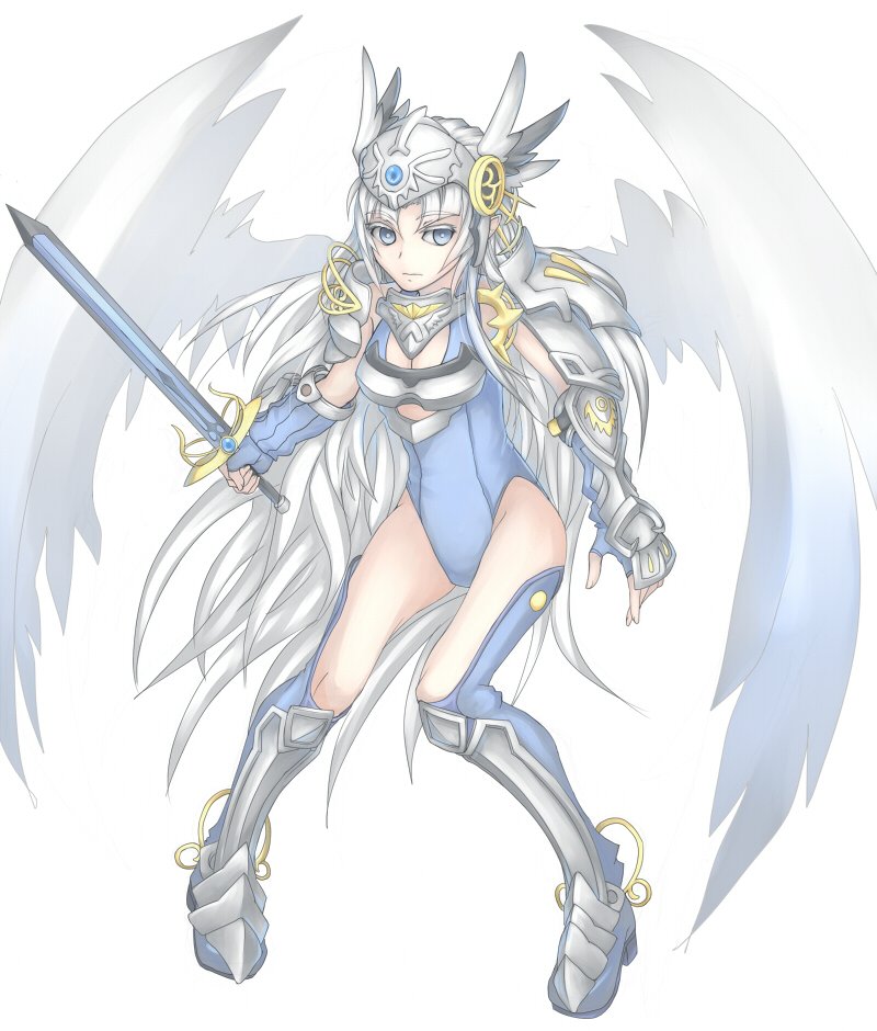 1girl, armor, blue_eyes, boots, bracer, breasts, cleavage, female_focus, fingerless_gloves, gauntlets, gloves, greaves, helmet, leotard, long_hair, mon-musu_quest!, original, pigeon-toed, purutoppu_(toranohige), solo, sword, thigh_boots, thighhighs, valkyrie, very_long_hair, victoria_(mon-musu_quest!), weapon, white_hair, wings