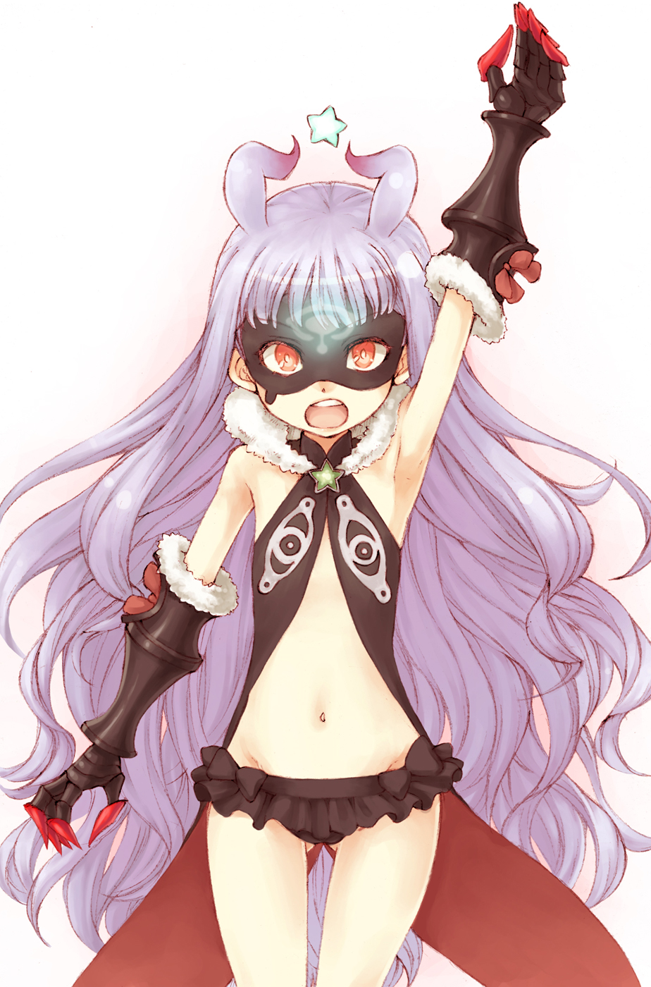 10s, 1girl, armpits, bow, domino_mask, eye_mask, female_focus, flat_chest, gauntlets, gloves, haruhito_(divineshalt), highres, hoshimiya_kate, logo, long_hair, lowleg, lowleg_skirt, mask, navel, panties, pantyshot, red_eyes, sekai_seifuku:_bouryaku_no_zvezda, silver_hair, skirt, smile, solo, star_(symbol), thighs, underwear, upskirt, venera-sama