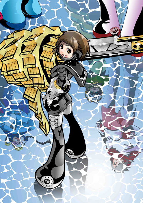 1boy, 2girls, adam_muirhead, blonde_hair, bodysuit, braid, brown_eyes, brown_hair, grey_hair, gun, hair_over_one_eye, hisa_masato, huge_weapon, jess_beckham, mahesh_mirza, multiple_girls, nobunagun, official_art, ogura_shio, reflection, weapon