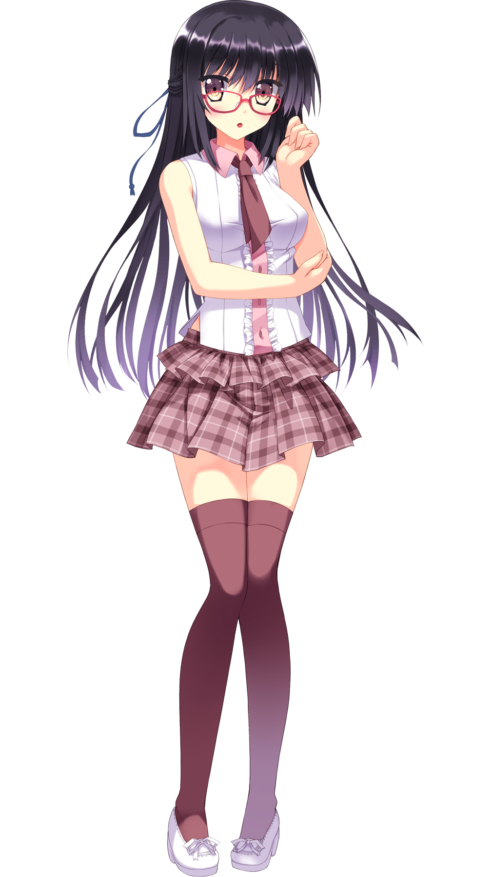 1girl, black_thighhighs, breasts, casual, full_body, glasses, half_updo, highres