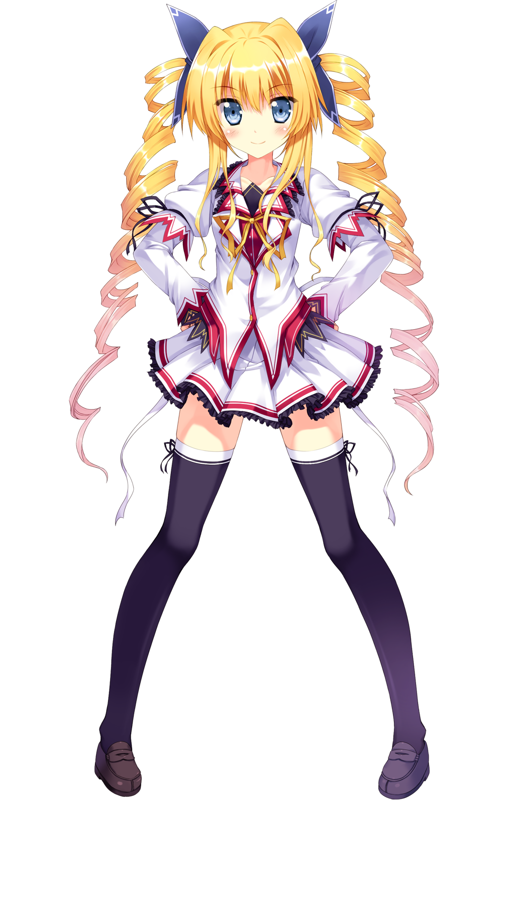 1girl, black_thighhighs, blonde_hair, blue_eyes, drill_hair, eve_elain_austin, female_focus, full_body