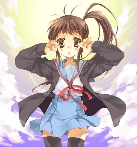 00s, 1girl, brown_eyes, brown_hair, cardigan, cloud, female_focus, genderswap