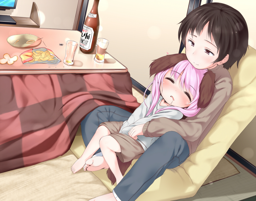 1boy, 1girl, alcohol, animal_ears, barefoot, beer, black_hair, blush