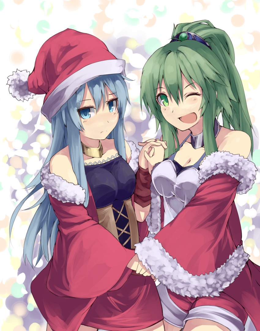 2girls, ;d, ariel_(yu-gi-oh!), blue_eyes, blue_hair, breasts, cleavage, collar