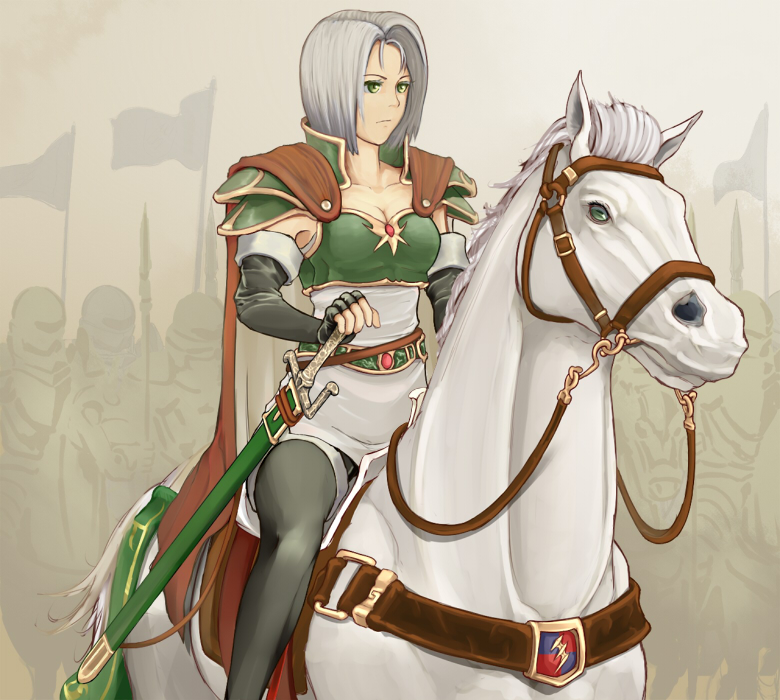 1girl, amalda_(fire_emblem), armor, breastplate, breasts, bridle, cape, cleavage, elbow_gloves, female_focus, fingerless_gloves, fire_emblem, fire_emblem:_thracia_776, gloves, green_eyes, grey_hair, horse, nintendo, nonji_(sayglo_halo), pauldrons, reins, riding, sheath, sheathed, shoulder_armor, solo, sword, thighhighs, weapon
