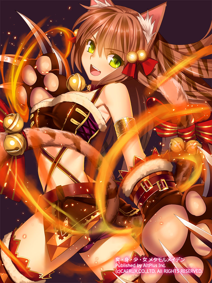 1girl, animal_ears, animal_hands, armlet, bell, bikini, black_background, brown_hair, buckle, cat_ears, cat_tail, claws, collar, cowboy_shot, fang, female_focus, fire, fur_trim, green_eyes, hair_ornament, hen-shin-shou-jo_metamol_maiden, jewelry, long_hair, looking_at_viewer, multiple_tails, neck_bell, nekomata, open_mouth, original, solo, standing, strap, swimsuit, tail, two_tails, yangsion