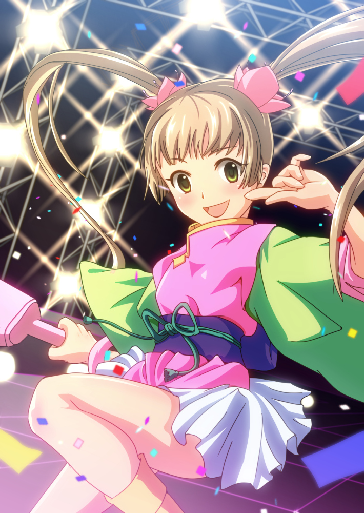 1girl, boots, brown_eyes, brown_hair, confetti, cosplay, female_focus, finger_to_face