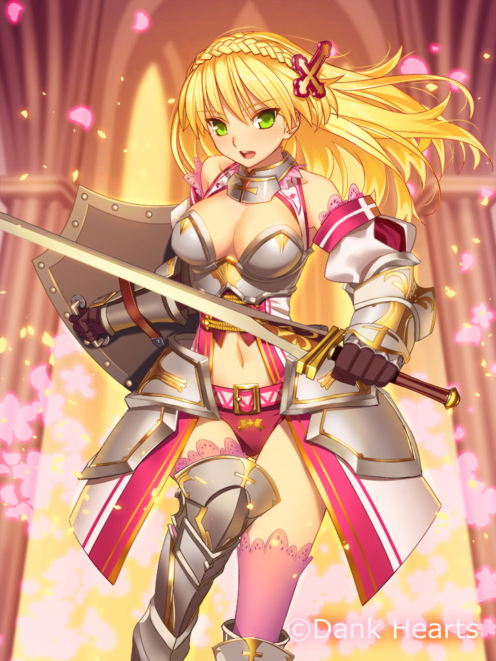 1girl, :d, armor, ascalon_(weapon_girls), bare_shoulders, blonde_hair, braid, breasts, cleavage, cleavage_cutout, clothing_cutout, cross, detached_sleeves, faulds, female_focus, french_braid, gauntlets, greaves, green_eyes, hair_ornament, lace, lace-trimmed_legwear, lace_trim, leg_up, long_hair, navel, open_mouth, original, pink_thighhighs, smile, solo, sword, thighhighs, weapon, weapon_girls, yangsion